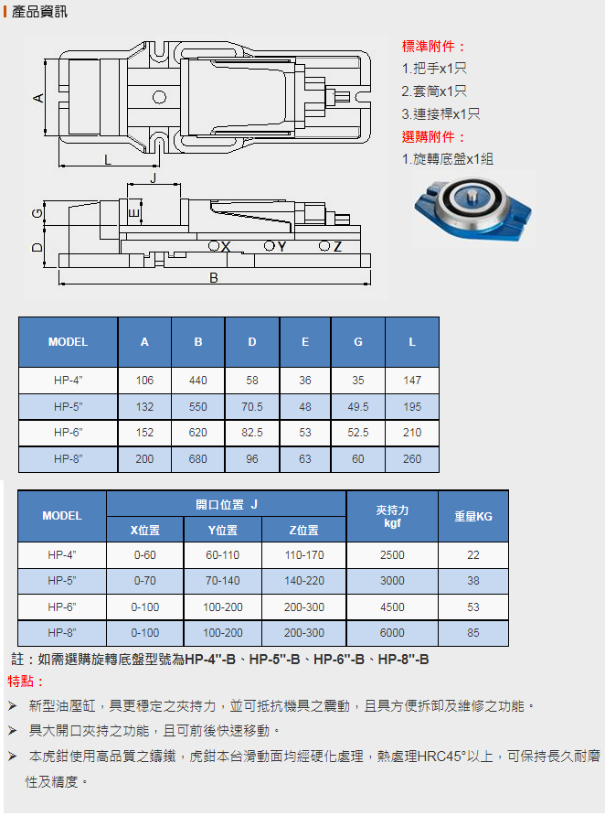 油壓虎鉗內藏式 規格